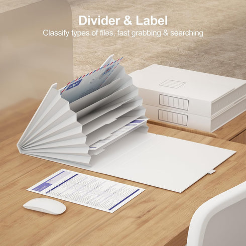JiaWei File Folder with Pockets, White Accordion Filing Folder with 7 Pockets, A4 Letter Size Organizer with Labels