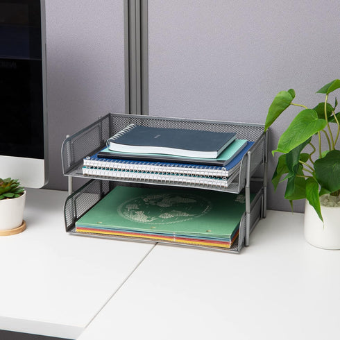 Mind Reader Stackable Paper Tray, 2 Pcs., Metal Mesh Desktop Organizer for File Storage, Office