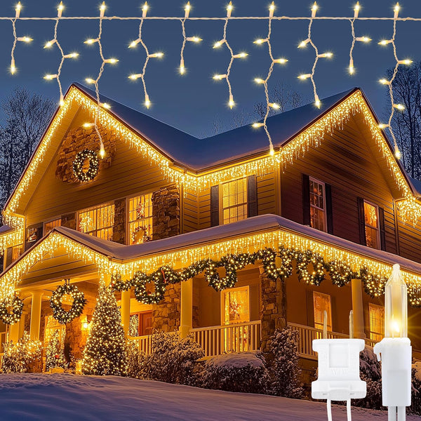 YOUNGAR Icicle Lights Outdoor, 23FT 200 Connectable Icicle Christmas Lights,Warm White Plug