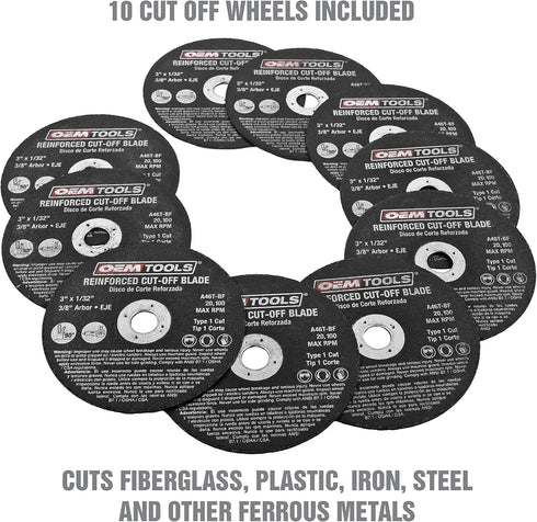 OEMTOOLS 26528 10 Piece Cut Off Wheel Set with Mandrel, Cutoff Wheel Mandrel Set, Premium Metal Cutting Wheels w/ 3/8" Arbors, Die Grinder Cut Off Wheel by OEMTOOLS