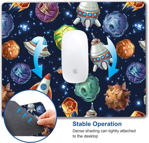 Kids Mouse Pad - Comic Space Design with Planets and Spaceships, Personalized Mouse Mat for Office