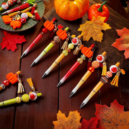Jutom 12 Pcs Fall Beadable Pens with 50 Pcs Colorful Pumpkin Beads, 12 Tassels, 12 Pendants for Thanksgiving DIY Gift