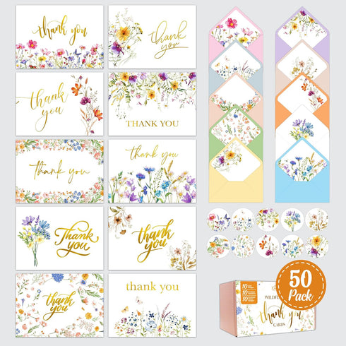 Decorably 50 Pack Gold Foiled 6x4in Wildflower Thank You Cards Wedding with