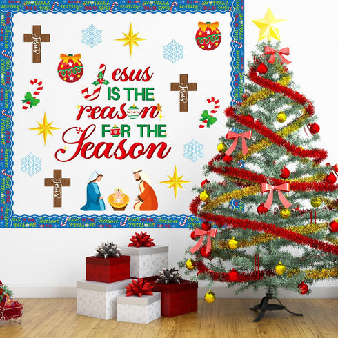 BeYumi 96Pcs Jesus is The Reason for The Season Cutouts for Christmas Nativity Bulletin Board Decoration Set