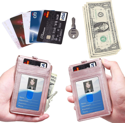 ELV Badge Holder with Zipper, PU Leather ID Card Holder Wallet with RFID Blocking Pocket and Lanyard (ROSE GOLD)
