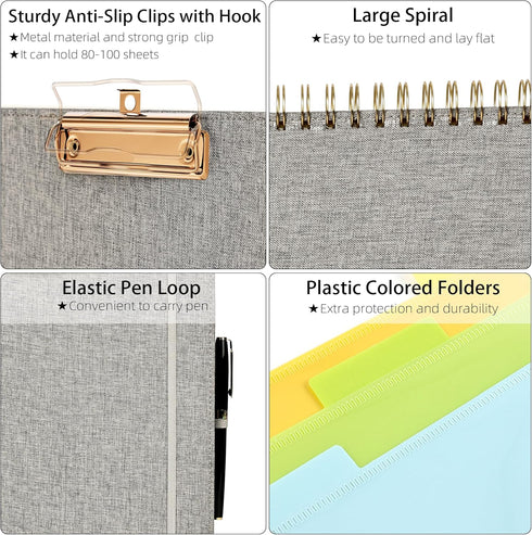 Ospelelf Foldable Spiral Clipboard Folio with Storage Zipper Pouch, 5 Plastic Folders, 10 Pockets, Project Organizer