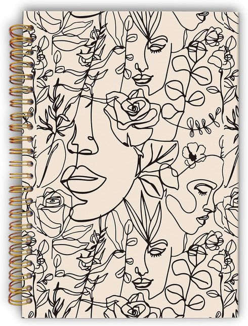Boho Abstract Minimalist Woman Face Line Flower Spiral Notebook, Laminated Hard Cover, College Ruled 5.5×8.3 Inches