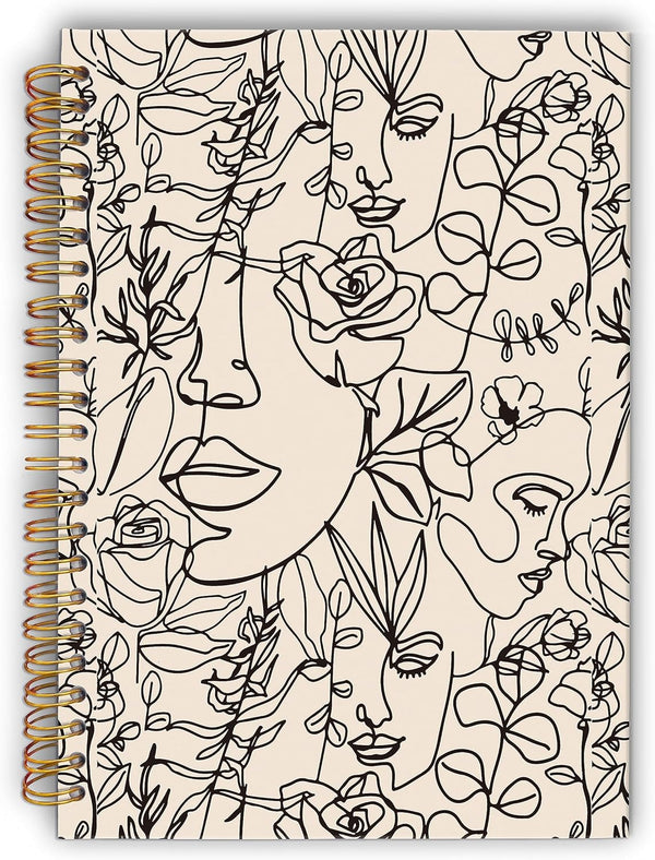 Boho Abstract Minimalist Woman Face Line Flower Spiral Notebook, Laminated Hard Cover, College Ruled 5.5×8.3 Inches