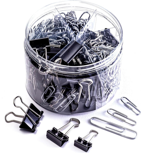 Officemate 340 Assorted Paper Clips and Binder Clips, Re-usable Storage Tub, Silver/Black (31040)