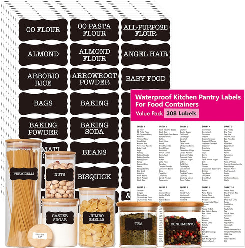 Hebayy 308 Pantry Food Labels, 280 Preprinted Waterproof Stickers for Kitchen Containers, 28 Blank Ones, White on Black