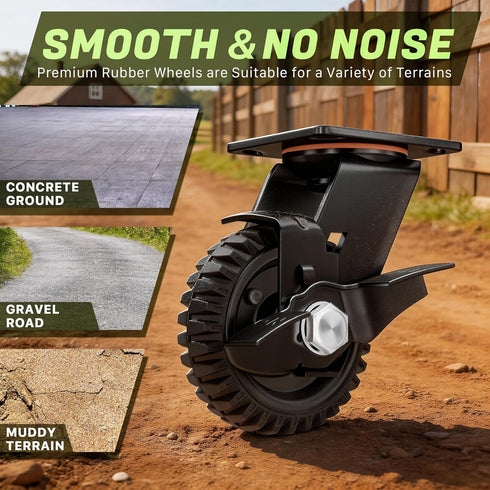 TOROTEK 5 inch 550lb Set 2 Swivel Caster Wheels, Heavy Duty Solid Rubber Plate Casters, Knobby Tread Locking Brake