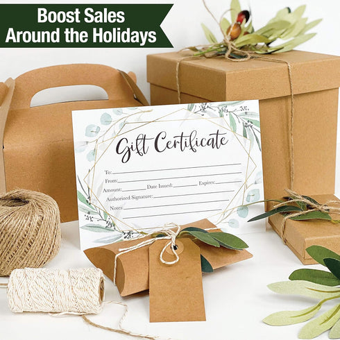 Hadley Designs 25 Eucalyptus Gold Blank Certificates, Paper Voucher for Hair & Nail Salon, Small Business Coupons