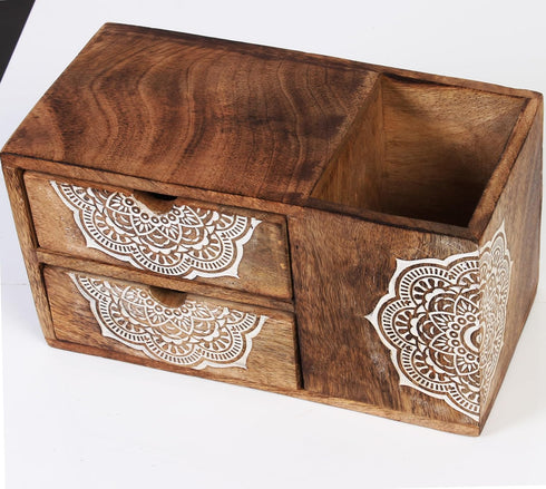 Wooden Hand Carved Desk Organizer, Pencil Pen Stationery Holder with 2 Drawers for Home Office
