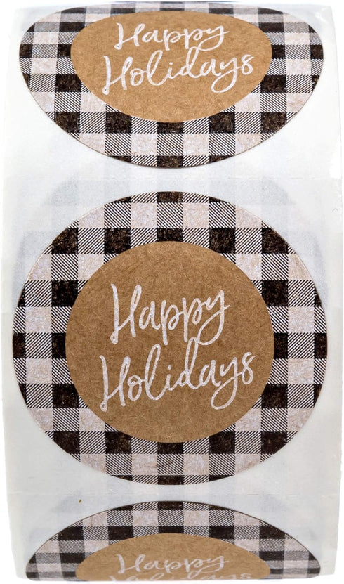 Black and White Buffalo Plaid Happy Holidays Stickers, 500 Christmas Gingham Envelope Seals