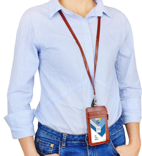Wisdompro Badge Holder with Zip - 2-Sided Vertical PU Leather ID Holder with 1 ID Window, 4 Card Slots, Brown