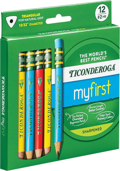 Ticonderoga My First Short Triangular Wood-Cased Pencils, 2 HB Soft with Erasers, Primary Colors, 12 Count