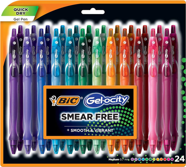 Bic Gelocity Quick Dry Assorted Colors Gel Pens, Medium Point (0.7mm), 24 Count Pack, Retractable Colored Pens