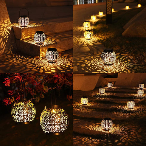 2 Pack Brizled Solar Lantern Lights, Outdoor LED Hanging Lantern Lights with Star Projection, Warm White Solar Garden