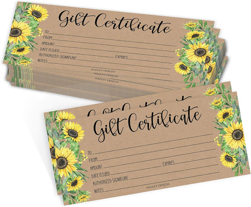 Hadley Designs Kraft Sunflower Blank Gift Certificates, 25 (4x9) for Business Gifts, Christmas, Spa Salon