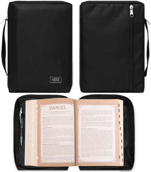 Christian Art Gifts Bible Cover, Medium, Black Canvas with Secure Zipper and Jesus Fish