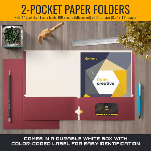 Better Office Products Two Pocket Portfolio Folders, 50-Pack, Burgundy, Letter Size Paper Folders