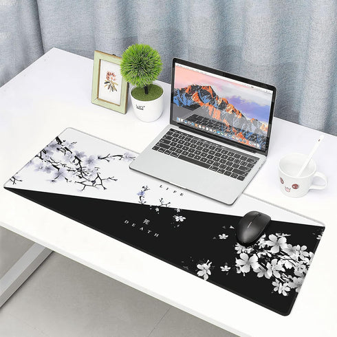 Black White Cherry Blossom Mouse Pad - Japanese Sakura Extended Desk Mat 80X30 cm for Gaming Laptop Desktop