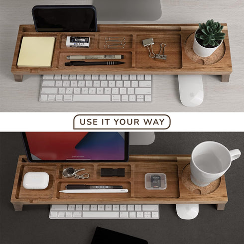 Natural Wood Desk Organizer - Multi-Compartment Wooden Caddy for Home, Office, Cubicle Accessories - Pencil Storage Tray