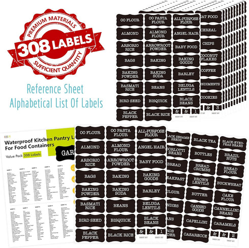 Hebayy 308 Pantry Food Labels, 280 Preprinted Waterproof Stickers for Kitchen Containers, 28 Blank Ones, White on Black