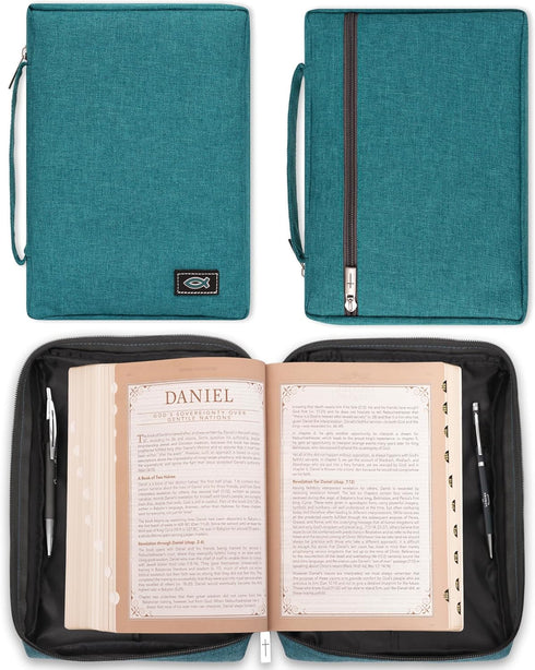 Christian Art Gifts Medium Bible Cover for Men/Women - Jesus Fish, Teal Canvas