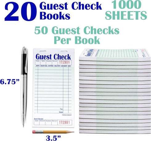 50 20 Guest Check Pads For Waiters Waitresses Servers Restaurants Orders or Childs Practice Single Page Durable Thick