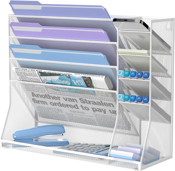 Wall Mounted File Organizer, 5-Tier Desk Organizer with 4 Pen Holders, Mesh Accessories for Office Supplies, White
