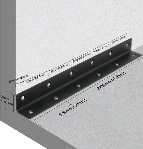 4 Pack 10.8" Wood,275mm L Bracket, Heavy Duty Corner Brace, Metal Shelf Bracket Angle Bracket for Shelves, Black Metal
