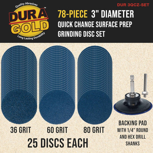 3 Inch 36, 60 80 (25 Dura-Gold Grinding Discs, & Grit Disc Each), R-Type Roll Lock Adapter & Backing Pad - Quick Change