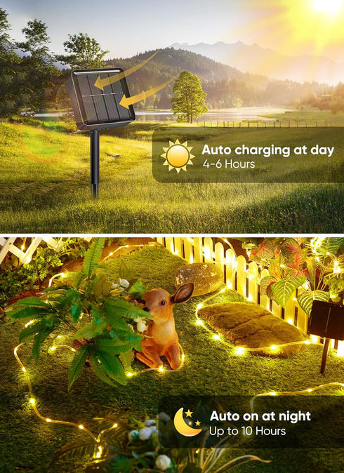 39FT 100LED IP65 8 Brightown Solar Rope Lights, Outdoor Solar String Lights, Waterproof Solar Powered Fairy Lights