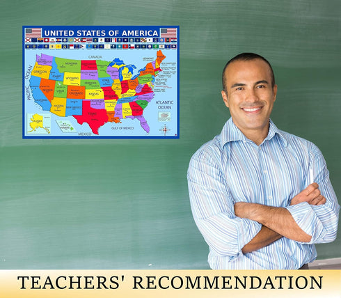 United States Map with State Flags Poster - Laminated 14x19.5 in. Educational USA Map for Kids, Classroom Decorations
