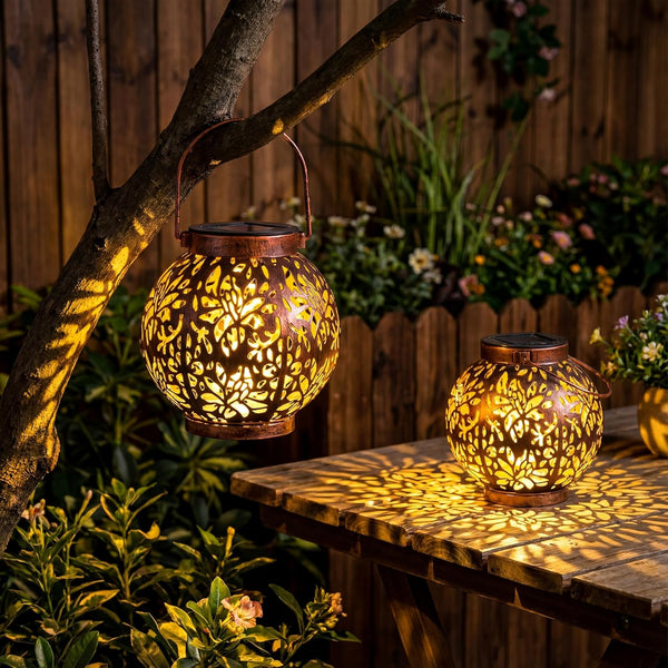 JOIEDOMI 2 Pack Outdoor Solar Hanging Lantern Lights, Waterproof Tabletop with Handle,