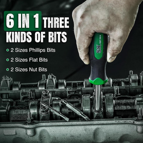 SK 6-in-1 Screwdriver, All in One Multi-bit Magnetic Tool with S2 Steel SureGrip Handle