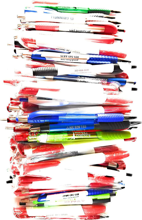 Wholesale Lot of 100 Misprint Ink Pens, Mixed Ball Point Plastic Retractable Pens