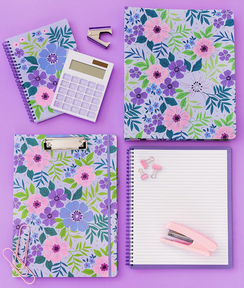 Steel Mill & Co Cute Mini Spiral Notebook, 8.25" x 6.25", Durable Hardcover, 160 Lined Pages, Lilac Floral