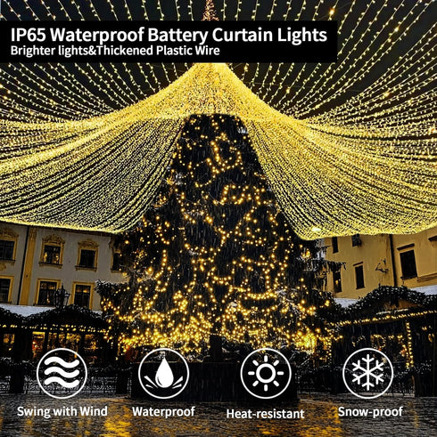 10 10Ft 300LED 8 Dimmable Curtain Lights Battery Operated * Waterfall Light with Modes Remote Timer Memory Waterproof