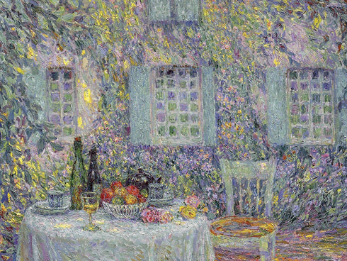 FlekmanArt Table Sun in The Leaves by Henri Le Sidaner Flowers Chair Bottles
