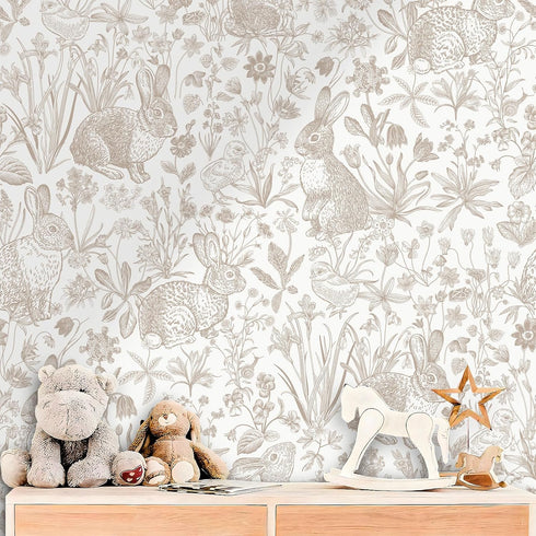 ReWallpaper 17.5in23ft Beige Bunny Wallpaper Peel and Stick Neutral Countryside Cottage Wallpaper