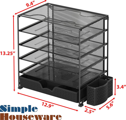 Simple Houseware 5-Tier Document File Tray with Sliding Drawer & Pen Bucket, Black