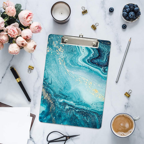 Hongri Plastic Clipboard, Standard A4 Letter Size Clip Board for Students, Teacher, Kids, Teal Marble Decorative