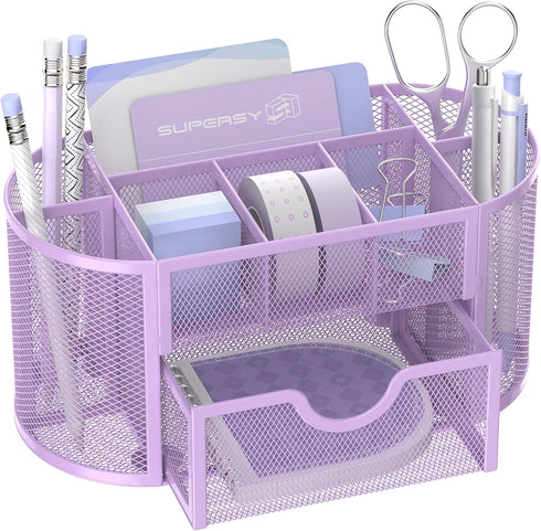 SUPEASY Mesh Desk Organizer with Drawers, 9 Compartments for Office Supplies, 8.6 x 4.3 x 4.1 Inch, Purple