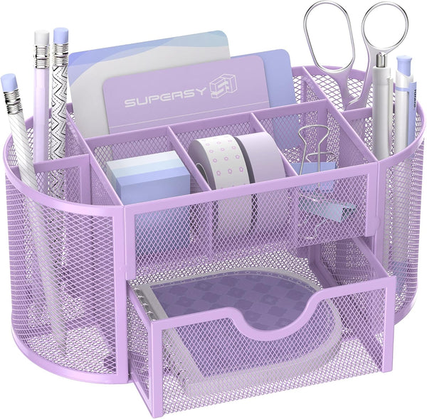 SUPEASY Mesh Desk Organizer with Drawers, 9 Compartments for Office Supplies, 8.6 x 4.3 x 4.1 Inch, Purple