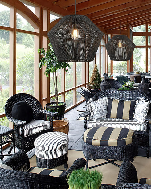 7" Woven Pendant Light Fixtures, ELYONA Farmhouse Coastal Hanging Lamp with Matte Black Handwoven Rattan Basket Shade