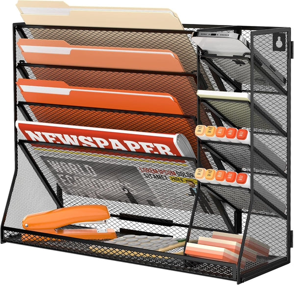 SUPEASY 5-Tier Wall File Organizer, Desk Organizer with 4 Pen Holders, Black