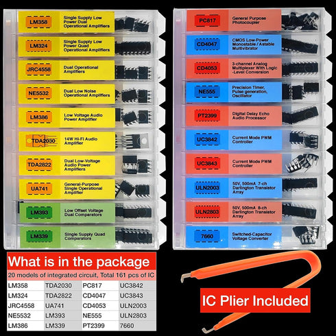 EEEEE IC Kit, 161 pcs, 20 Models Chip Assortment Set, Analog Integrated Circuits Electronics Parts, Opamp Pack