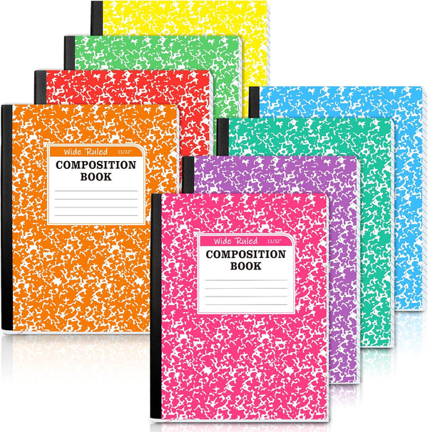 feela Composition Notebook, 8 Pack, 8 Pastel Colors, Wide Ruled Composition Books, Marble Cover Notepad, 9.75 x 7.5 in